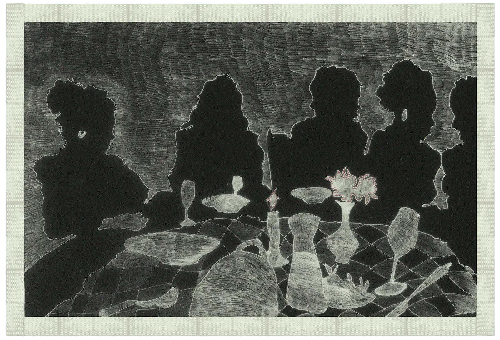 a collage and pencil illustration of 5 silhouettes sitting around a table together. on the table is a checkered tablecloth, wine glasses, plates, dishes of food, a vase of flowers, and a candle.
