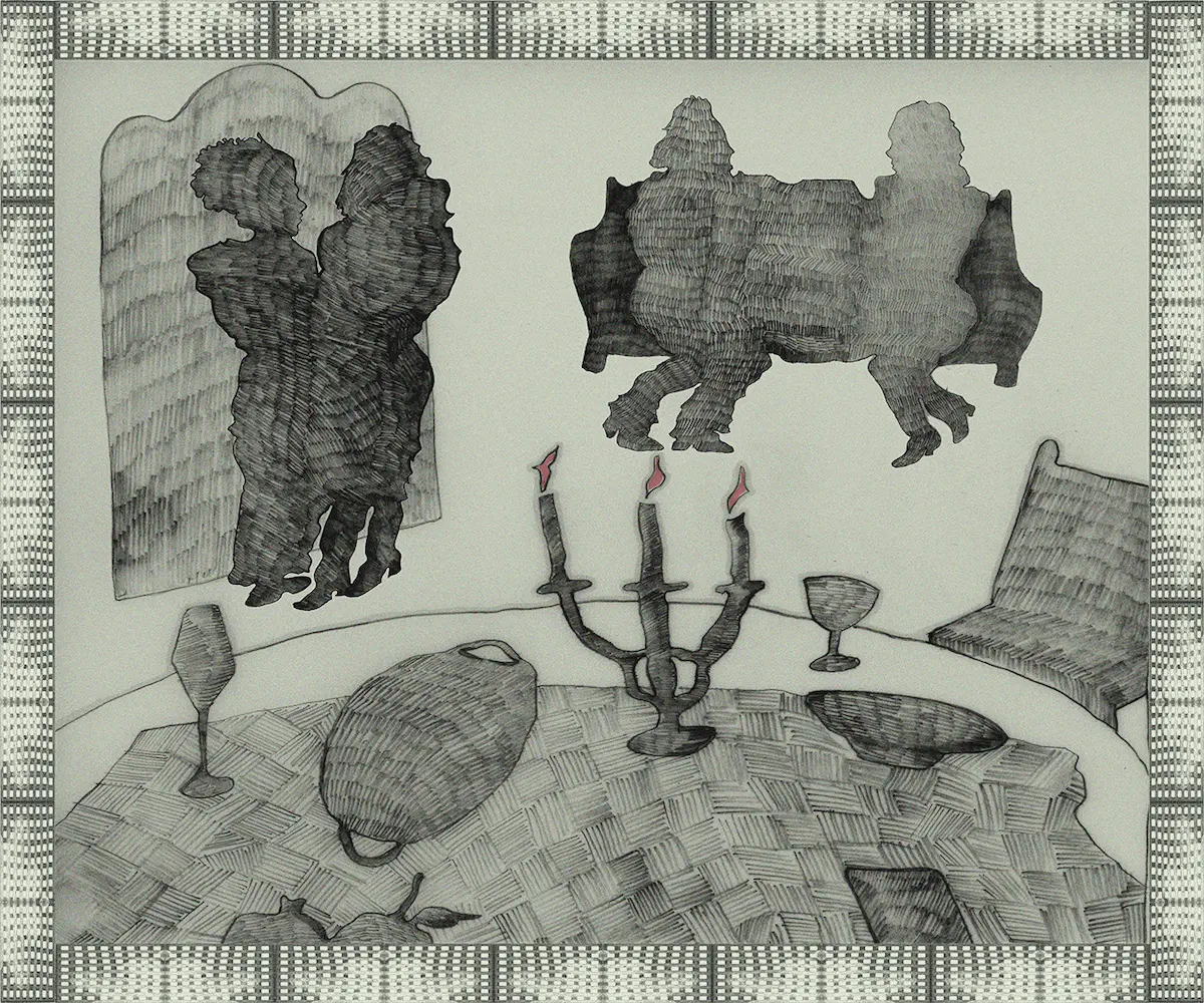 an empty table with an empty chair. a table cloth, empty dishes, wine glasses, and a candelabra are on the table. two silhouettes are talking in one corner, while two others are isolated on a bench nearby.